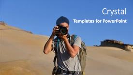  Presentation with adventure - Presentation theme featuring man-traveling-with-backpack-holding background and a teal colored foreground