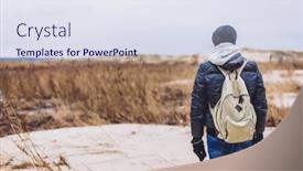  Presentation with trekking - Presentation design with man-trekking-on-dunes background and a sky blue colored foreground