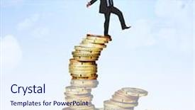  Presentation with piles - PPT theme enhanced with man try to balance himself on coin piles background and a sky blue colored foreground