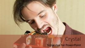  Presentation with eat - Beautiful slide deck featuring man trying to eat sushi set without hands backdrop and a red colored foreground
