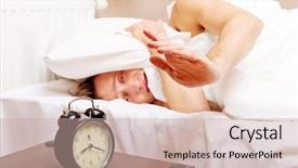  Presentation with sleep - Audience pleasing PPT theme consisting of man trying to sleep when alarm clock ringing backdrop and a soft green colored foreground