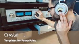  Presentation with home - Slide set having man turning up the volume background and a coral colored foreground