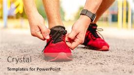  Presentation with sneakers - PPT theme having man-tying-shoelace-on-red background and a lemonade colored foreground