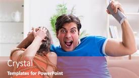  Presentation with man watching woman preparing vegetables - Presentation design consisting of man tying up his wife to watch sports football background and a coral colored foreground