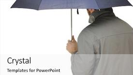  Presentation with under umbrella - Cool new slides with man under an umbrella isolated on white backdrop and a white colored foreground