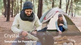  Presentation with wilderness - Theme enhanced with man unpacking backpack while woman in the tent at the wilderness background and a coral colored foreground