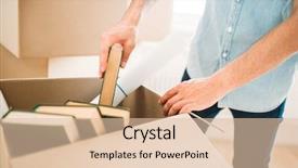  Presentation with boxes - PPT theme with man unpacking cardboard boxes housewarming background and a lemonade colored foreground