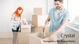  Presentation with young athletes box jumping - Amazing PPT theme having man unpacking cardboard boxes housewarming backdrop and a soft green colored foreground