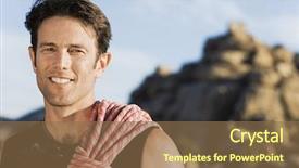  Presentation with wind energy close up portrait - Presentation design consisting of man upon rock - close-up portrait of a happy background and a tawny brown colored foreground