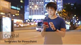  Presentation with mobile use - Cool new slides with man use of mobile phone in city backdrop and a coral colored foreground