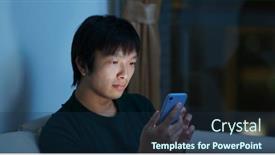  Presentation with mobile use - Beautiful presentation theme featuring korean drama - man use of mobile phone backdrop and a navy blue colored foreground