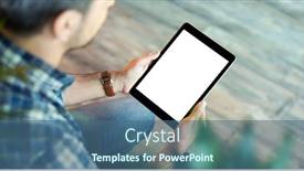  Presentation with hands-holding - PPT theme having man-uses-tablet-computer background and a ocean colored foreground