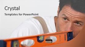  Presentation with spirit - Slide deck featuring man using a spirit level to check a surface background and a white colored foreground