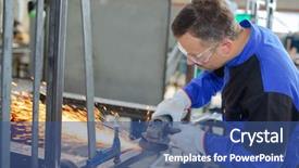  Presentation with steel industry man grinding - Presentation design featuring man using angle grinder background and a ocean colored foreground