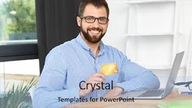  Presentation with cyber credit card crime - PPT layouts having man using credit card background and a light blue colored foreground