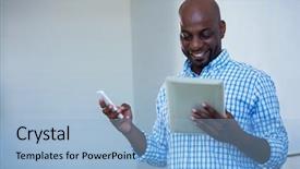  Presentation with man holding phone - Colorful slides enhanced with man using digital tablet backdrop and a light blue colored foreground