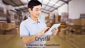  Presentation with forklift - Slide set having man using digital tablet while standing against forklift in a large warehouse background and a coral colored foreground