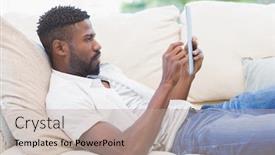  Presentation with living room - Colorful presentation enhanced with man using his tablet on couch at home in the living room backdrop and a mint green colored foreground