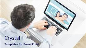  Presentation with online dating - Slide set with man using laptop against dating background and a sky blue colored foreground