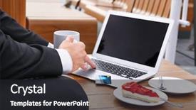  Presentation with young man holdng laptop on lap money - Slides with man using laptop and credit background and a  colored foreground