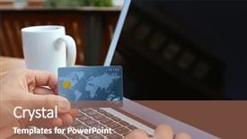  Presentation with online shopping and delivery - Beautiful slide deck featuring man using laptop and credit backdrop and a  colored foreground
