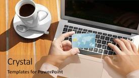  Presentation with online shopping - Amazing PPT theme having man using laptop and credit backdrop and a  colored foreground