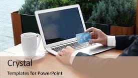  Presentation with online shopping - PPT theme having man using laptop and credit background and a  colored foreground