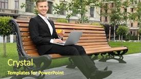  Presentation with online shopping - Presentation theme having man using laptop and credit background and a  colored foreground