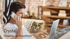  Presentation with busy - Cool new PPT theme with man using laptop and mobilephone backdrop and a coral colored foreground