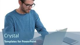  Presentation with desk - Slides consisting of man using laptop at desk against white background background and a ocean colored foreground