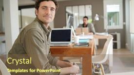  Presentation with computer - Presentation design with man-using-laptop-computer background and a tawny brown colored foreground