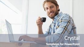  Presentation with college coffee shop - Slides with man using laptop drinking espresso background and a gray colored foreground