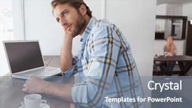  Presentation with college coffee shop - Audience pleasing slide deck consisting of man using laptop having coffee backdrop and a seafoam green colored foreground