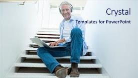  Presentation with social isolation - Cool new slide deck with man using laptop on steps backdrop and a  colored foreground