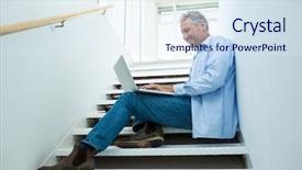  Presentation with social isolation - Theme with man using laptop on steps background and a sky blue colored foreground