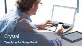  Presentation with man holding phone - Theme enhanced with man using laptop while holding mobile phone at table in office background and a ocean colored foreground