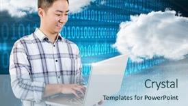  Presentation with coding binary code blue polygonal - Colorful presentation design enhanced with laptop with clouds and binary backdrop and a light blue colored foreground