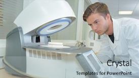  Presentation with machinery - Presentation design featuring man using machinery in laboratory background and a  colored foreground