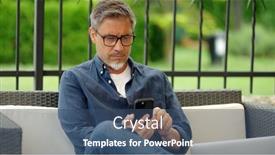  Presentation with mobile home - PPT theme with man-using-mobile-phone-outdoor background and a ocean colored foreground