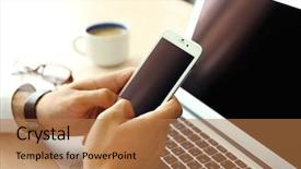  Presentation with phone - PPT theme having man using mobile phone background and a coral colored foreground