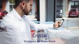  Presentation with office newspaper - Colorful slides enhanced with man using mobile phone while reading newspaper in office backdrop and a sky blue colored foreground