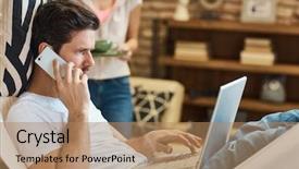  Presentation with young man holdng laptop on lap money - Colorful PPT theme enhanced with man using mobilephone and laptop backdrop and a  colored foreground