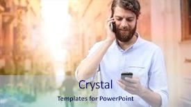  Presentation with phone - Amazing PPT layouts having man using more than one backdrop and a sky blue colored foreground