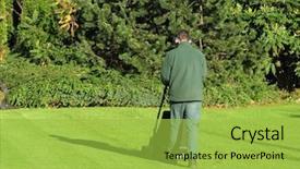  Presentation with man riding big bike motor - Amazing PPT theme having man using motor lawn mower backdrop and a  colored foreground
