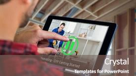  Presentation with handyman - PPT layouts with man using tablet on wooden table against smiling handyman cutting wooden board background and a tawny brown colored foreground