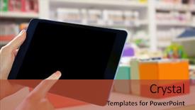  Presentation with drugs - Presentation design featuring man using tablet pc against close up of shelves of drugs background and a red colored foreground