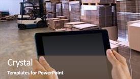  Presentation with forklift - Presentation theme with man using tablet pc against forklift in a large warehouse background and a coral colored foreground