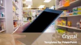  Presentation with drugs - PPT layouts enhanced with man using tablet pc against close up of shelves of drugs background and a coral colored foreground