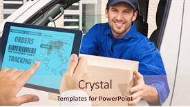  Presentation with delivery van - Theme with man using tablet pc against delivery driver offering parcel from his van background and a lemonade colored foreground