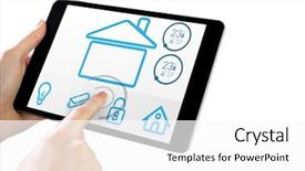  Presentation with information - Theme with man using tablet pc against screen with information about home background and a white colored foreground